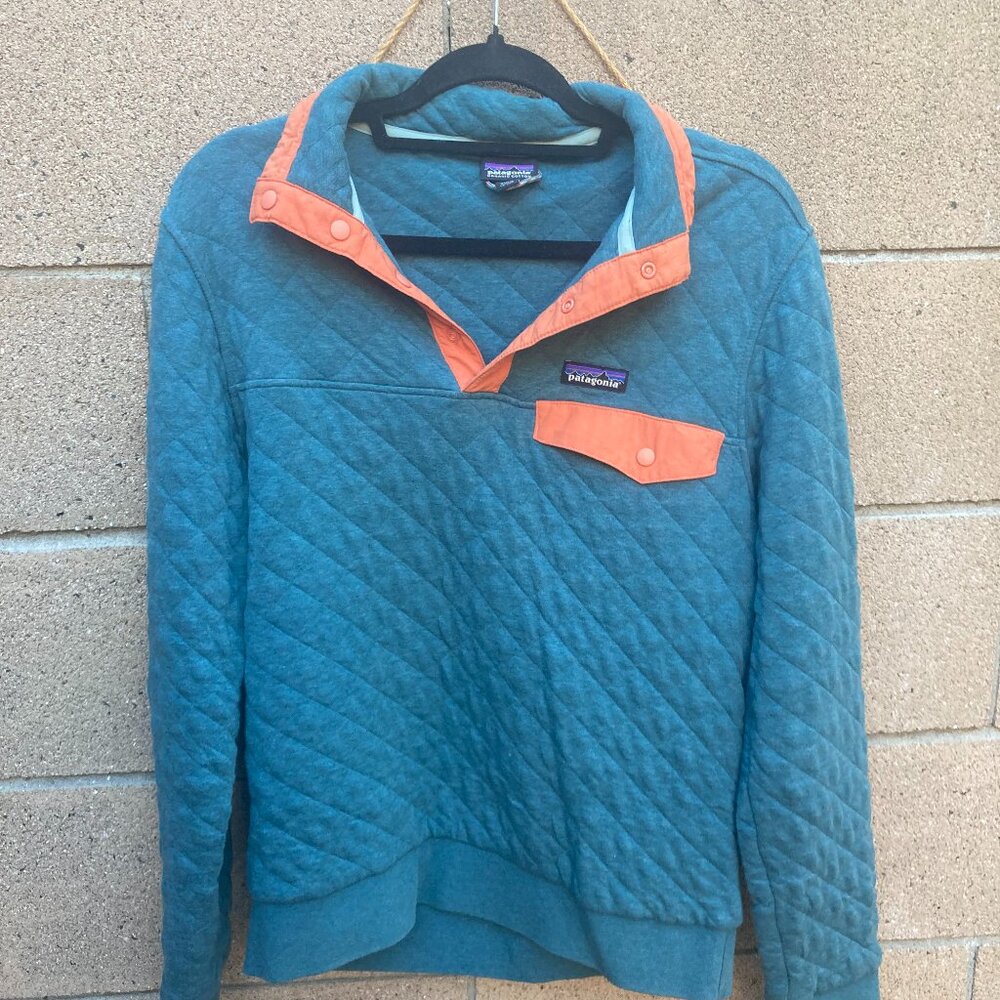 Patagonia Mens Small Quilt Snap-T Pullover Sweater Jacket Organic Cotton Teal